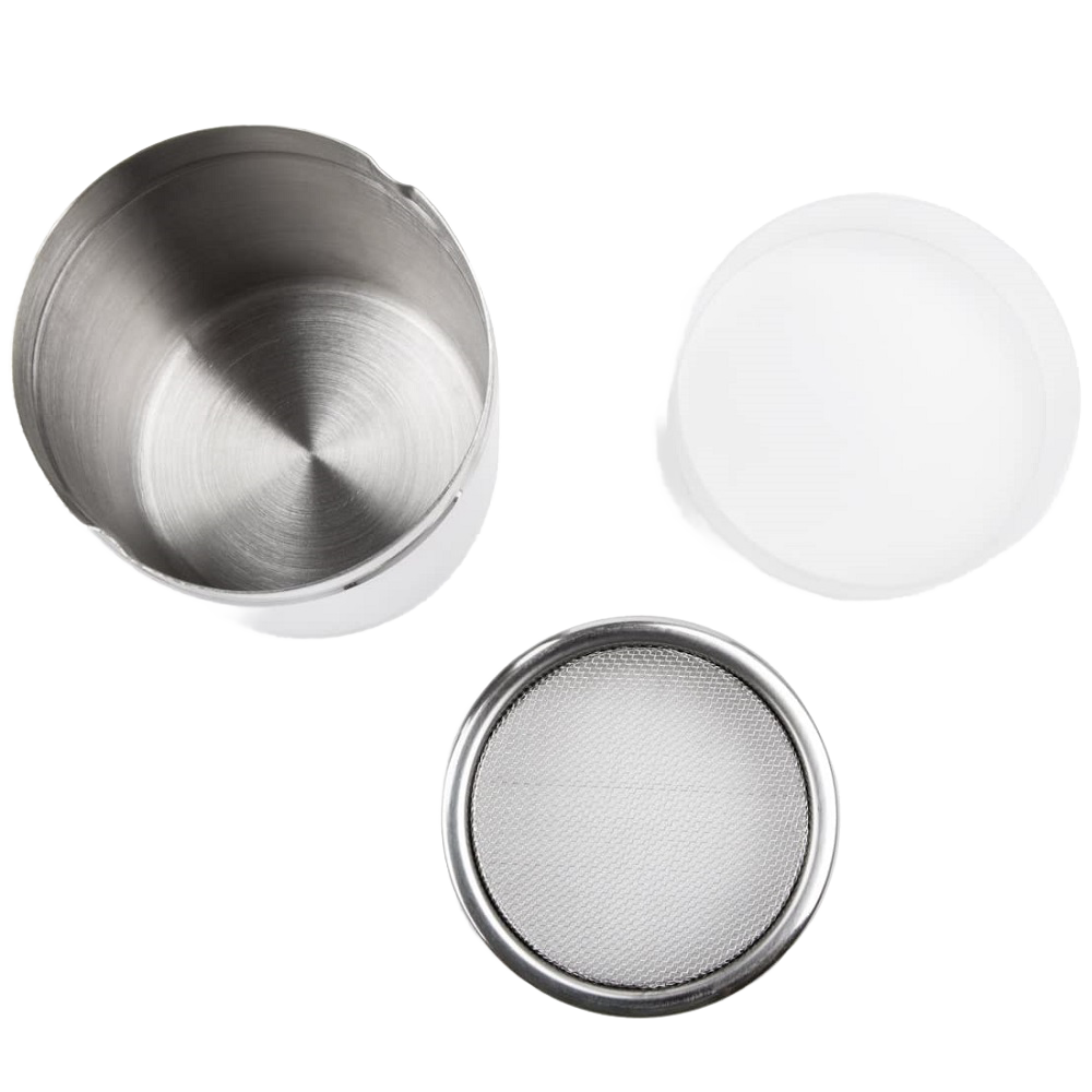 Overhead view of a stainless steel multi-part shaker with a fine mesh top and plastic twist-and-lock lid, designed for Kitchen & Food, Cooking and Baking Helpers, and Kitchen Accessories collections.