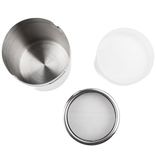 Overhead view of a stainless steel multi-part shaker with a fine mesh top and plastic twist-and-lock lid, designed for Kitchen & Food, Cooking and Baking Helpers, and Kitchen Accessories collections.