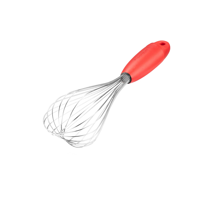 Stainless steel multi-use whisk with a red ergonomic handle, featuring 10 hygienically sealed wires for versatile kitchen tasks, ideal for Kitchen & Food, Kitchen Gadgets, Cooking and Baking Helpers, Best Sellers, Promo Eligible collections.