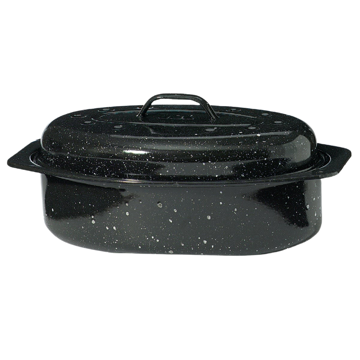 Durable handcrafted black speckled enamel-on-steel oval roaster with domed lid designed for even cooking and self-basting, perfect for Kitchen & Food and Cookware collections.
