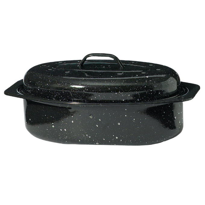 Durable handcrafted black speckled enamel-on-steel oval roaster with domed lid designed for even cooking and self-basting, perfect for Kitchen & Food and Cookware collections.