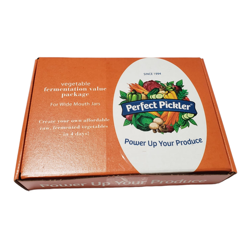 Handcrafted Perfect Pickler fermentor value kit box showcasing vegetable fermentation for wide mouth jars, designed for Kitchen & Food, Food Preservation, Fermenting and Pickling, Kitchen Gadgets, and USA Made collections.
