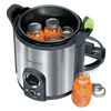 Stainless steel digital pressure canner with clear control dial and green handle, shown with jars of preserved carrots, part of Kitchen & Food and Food Preservation collections.