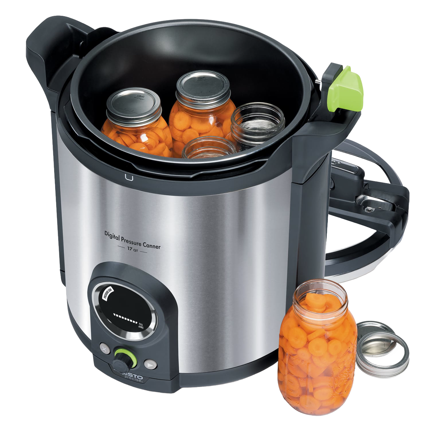 Stainless steel digital pressure canner with clear control dial and green handle, shown with jars of preserved carrots, part of Kitchen & Food and Food Preservation collections.