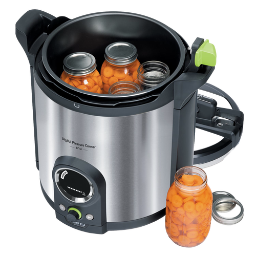 Stainless steel digital pressure canner with clear control dial and green handle, shown with jars of preserved carrots, part of Kitchen & Food and Food Preservation collections.