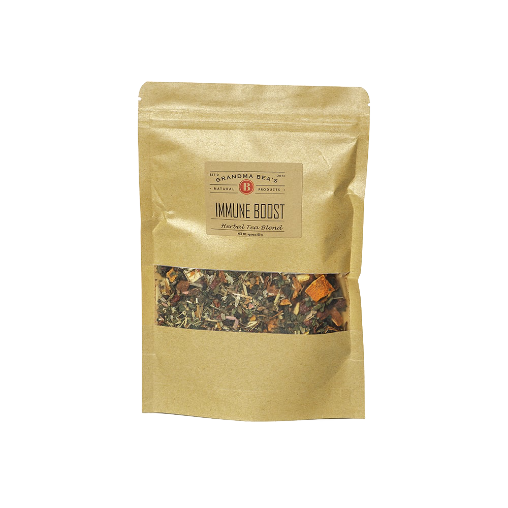 Resealable kraft paper pouch of handcrafted immune-boosting herbal tea blend with visible loose leaves and herbs, ideal for Kitchen & Food, Brewing Coffee and Tea, USA Made, Best Sellers, and Promo Eligible collections.