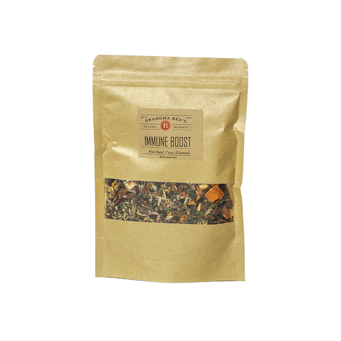 Resealable kraft paper pouch of handcrafted immune-boosting herbal tea blend with visible loose leaves and herbs, ideal for Kitchen & Food, Brewing Coffee and Tea, USA Made, Best Sellers, and Promo Eligible collections.