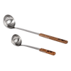 Two handcrafted soup ladles with stainless steel bowls and wooden handles, ideal for camping, kitchen, and outdoor cooking in farm, garden, and food collections.