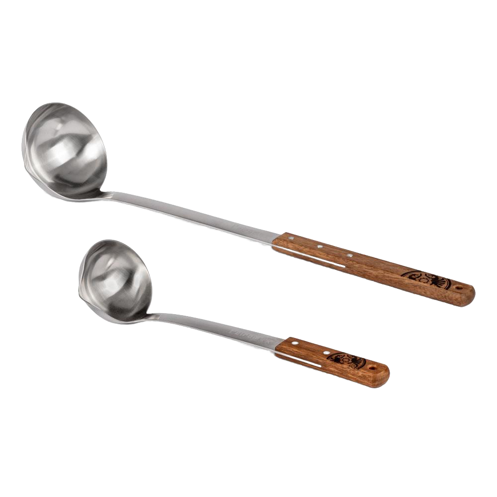 Two handcrafted soup ladles with stainless steel bowls and wooden handles, ideal for camping, kitchen, and outdoor cooking in farm, garden, and food collections.
