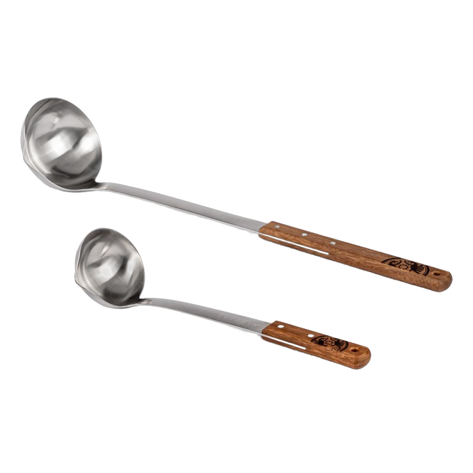 Two handcrafted soup ladles with stainless steel bowls and wooden handles, ideal for camping, kitchen, and outdoor cooking in farm, garden, and food collections.