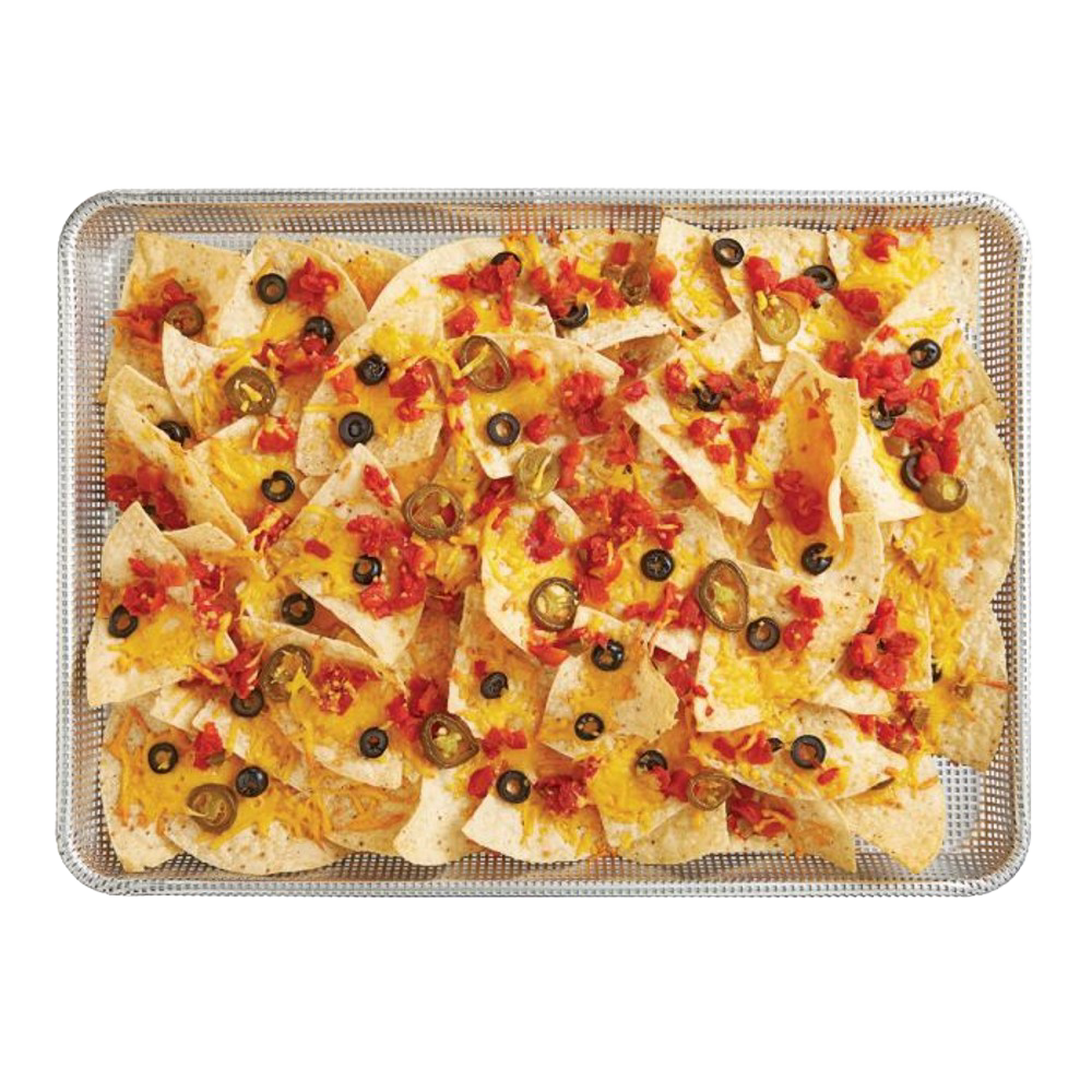 Half size perforated non-stick crisp pan filled with baked nachos topped with melted cheddar cheese, diced tomatoes, jalapeños, and black olives, featured in Kitchen & Food, Cookware, Baking Supplies, Best Sellers, Promo Eligible collections.