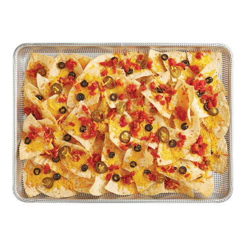 Half size perforated non-stick crisp pan filled with baked nachos topped with melted cheddar cheese, diced tomatoes, jalapeños, and black olives, featured in Kitchen & Food, Cookware, Baking Supplies, Best Sellers, Promo Eligible collections.