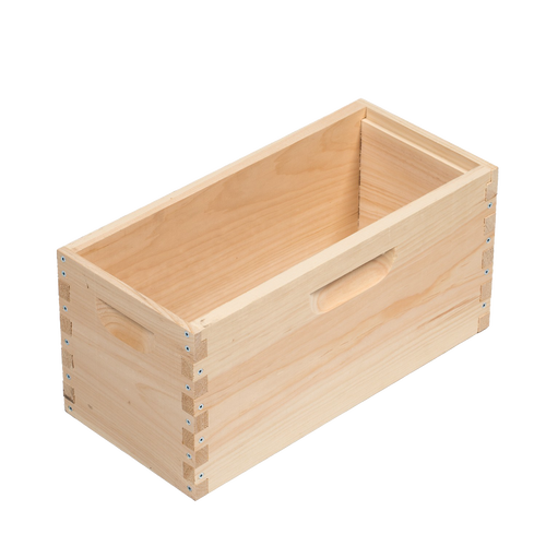 Handcrafted Amish made wooden bee box designed for 5 deep frames, unpainted and fully assembled, ideal for beekeeping supplies and farm garden tool collections in the USA.
