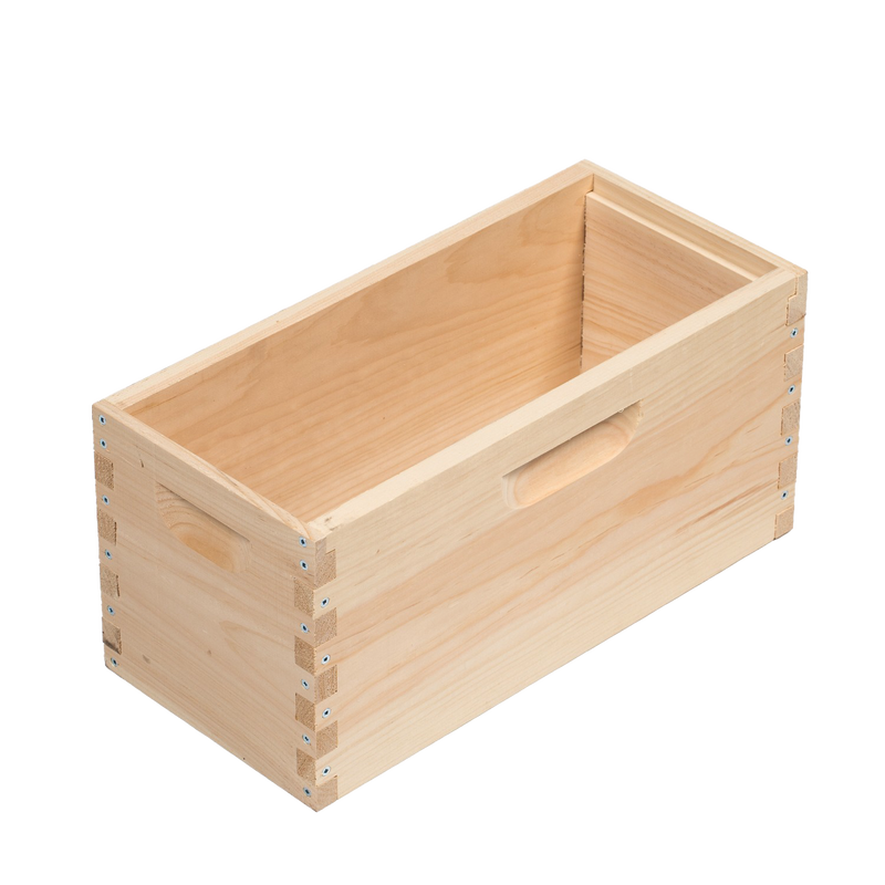 Handcrafted Amish made wooden bee box designed for 5 deep frames, unpainted and fully assembled, ideal for beekeeping supplies and farm garden tool collections in the USA.