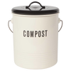 Cream-colored vintage-style compost bin with black lid and stainless steel handle, featuring bold black lettering, ideal for kitchen composting and farm, garden, and tool use.