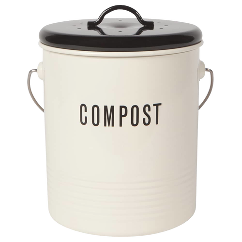 Cream-colored vintage-style compost bin with black lid and stainless steel handle, featuring bold black lettering, ideal for kitchen composting and farm, garden, and tool use.