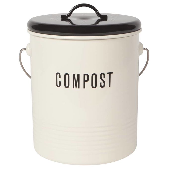 Cream-colored vintage-style compost bin with black lid and stainless steel handle, featuring bold black lettering, ideal for kitchen composting and farm, garden, and tool use.