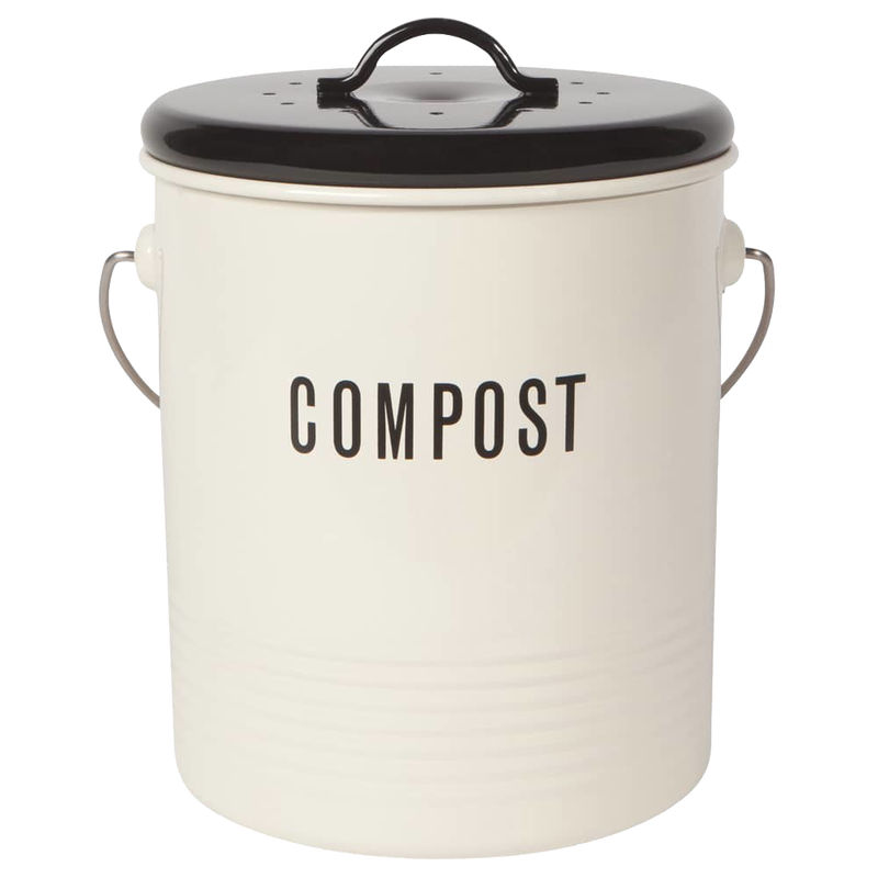 Cream-colored vintage-style compost bin with black lid and stainless steel handle, featuring bold black lettering, ideal for kitchen composting and farm, garden, and tool use.