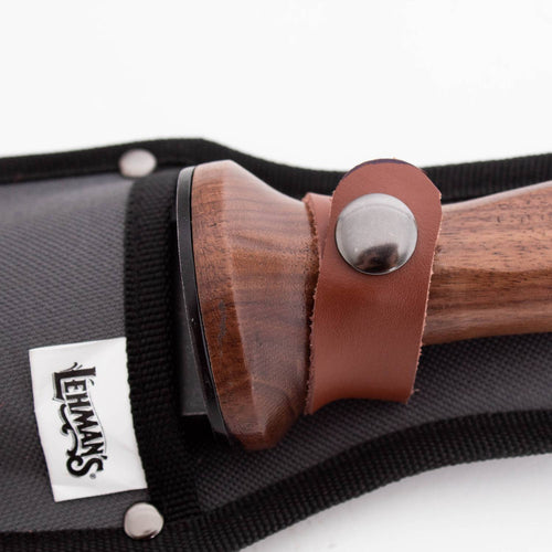 Close-up of a wooden handle with leather strap and metal button on a garden knife sheath, highlighting handcrafted quality in Farm, Garden & Tool and Digging and Cultivating collections.