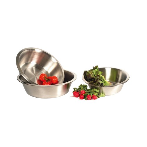 Three round stainless steel dishpans with flat bases, some holding fresh vegetables, showcased for versatile use in Home & Decor, Household Cleaning, and Best Sellers collections.