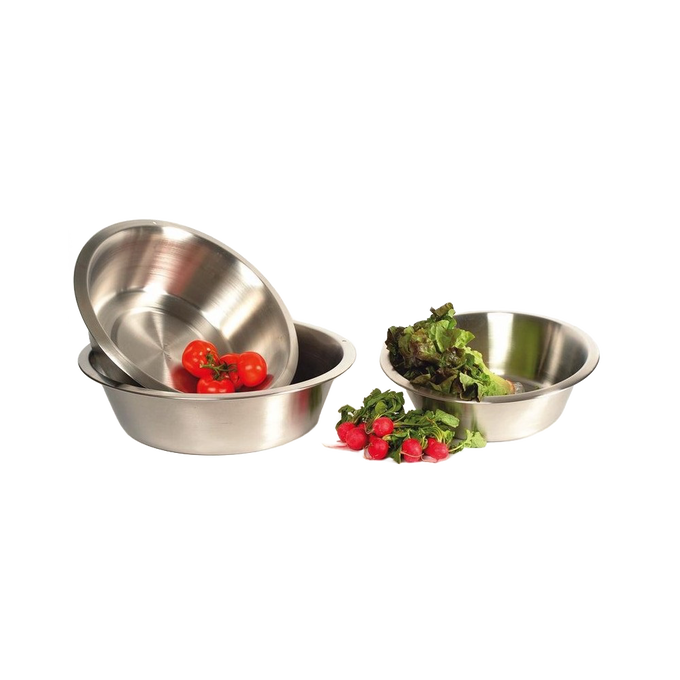 Three round stainless steel dishpans with flat bases, some holding fresh vegetables, showcased for versatile use in Home & Decor, Household Cleaning, and Best Sellers collections.