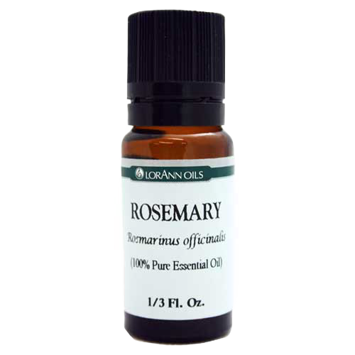 Amber glass bottle with black cap containing pure rosemary essential oil labeled 100% pure, handcrafted for use in Health & Wellness, candlemaking, and soapmaking supplies.