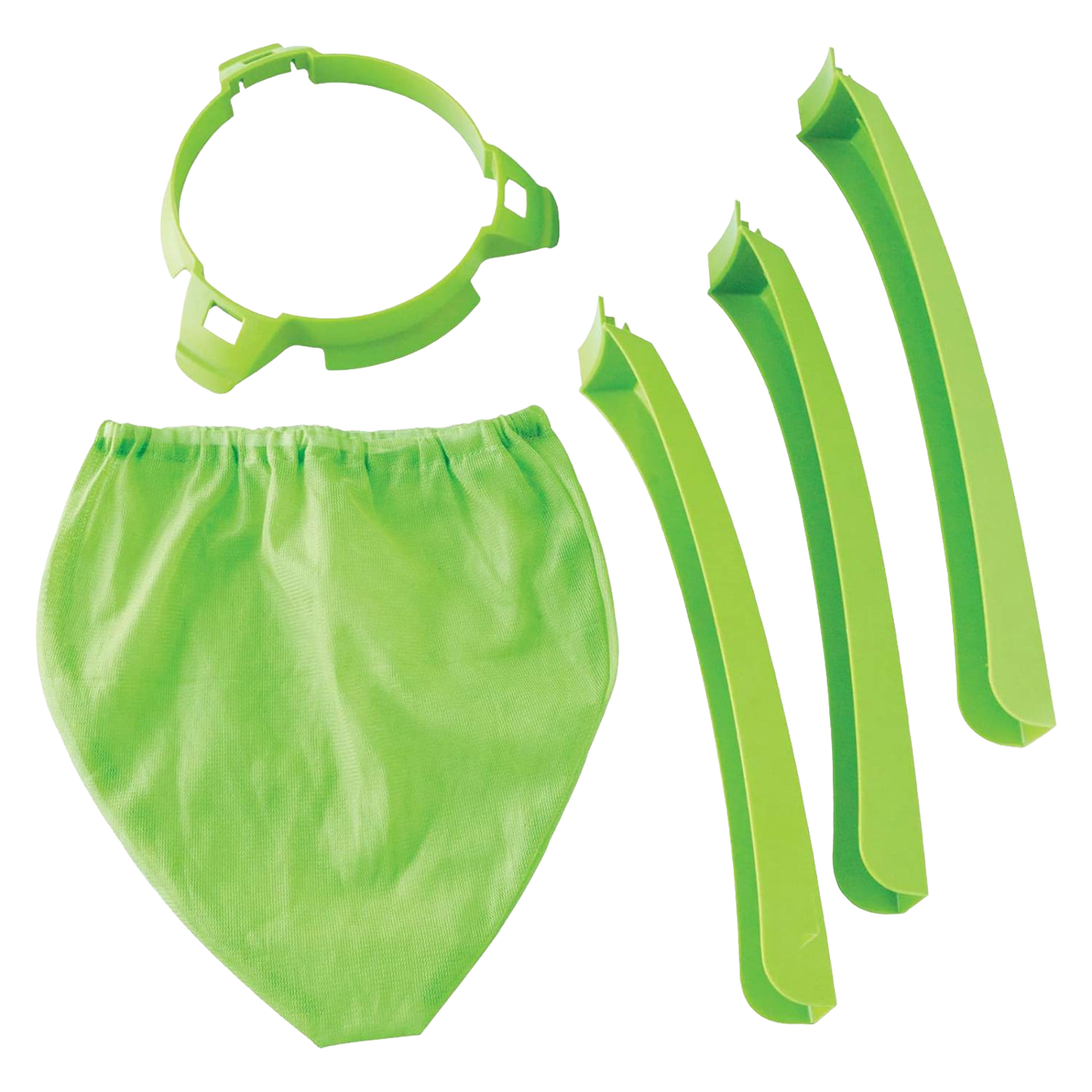 Green plastic jelly strainer components including a circular frame, elastic fabric bag, and three curved clips, designed for kitchen and food preservation use with easy assembly and compact storage.