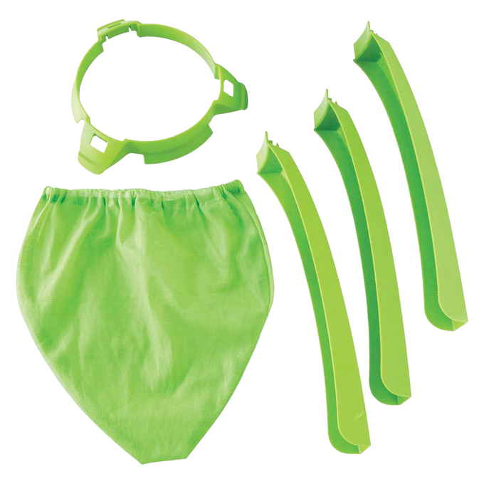 Green plastic jelly strainer components including a circular frame, elastic fabric bag, and three curved clips, designed for kitchen and food preservation use with easy assembly and compact storage.