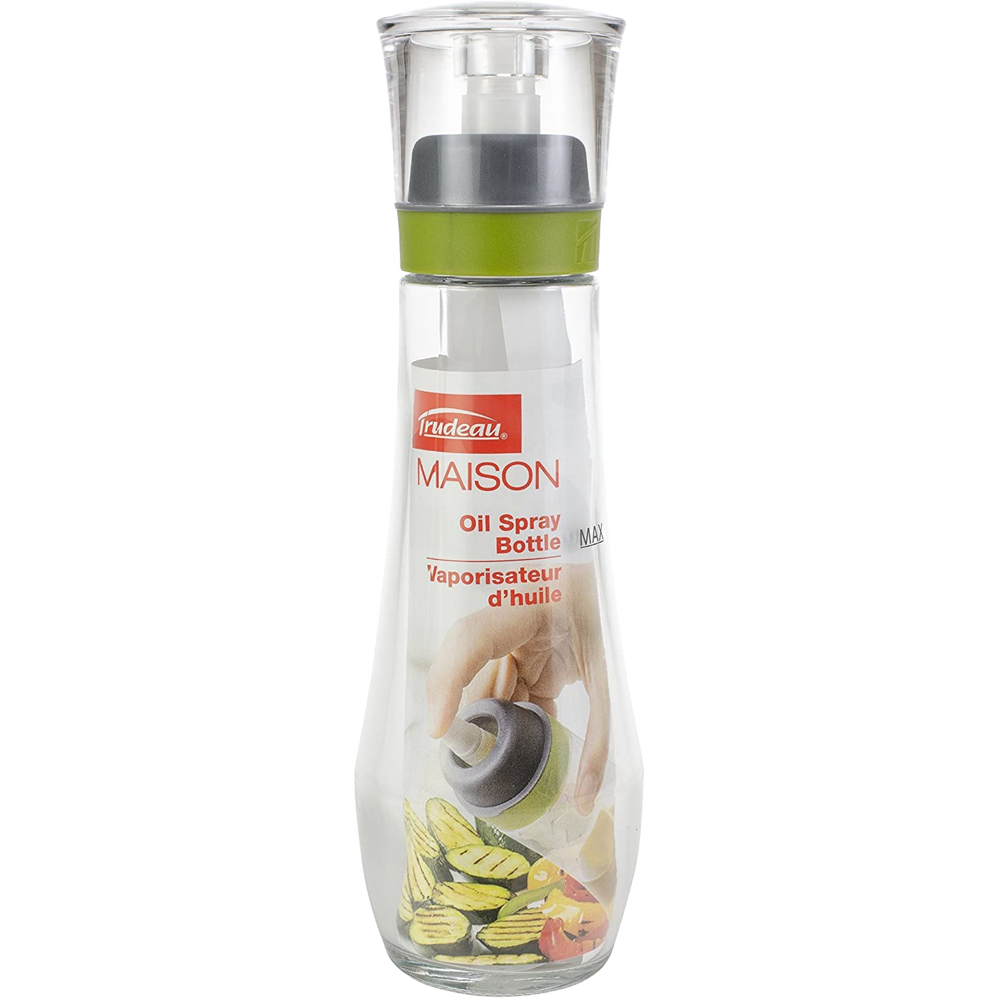 Clear glass oil spray bottle with an integrated pump top and removable lid, designed for precise oil application in cooking, part of Kitchen & Food and Cookware collections.
