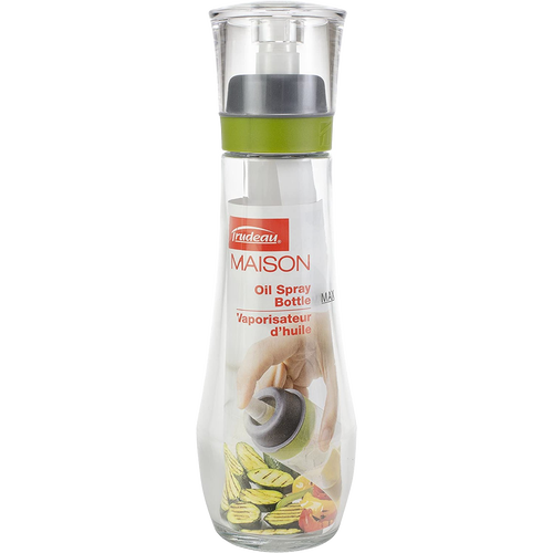 Clear glass oil spray bottle with an integrated pump top and removable lid, designed for precise oil application in cooking, part of Kitchen & Food and Cookware collections.