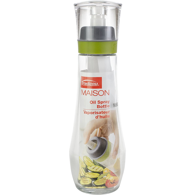 Clear glass oil spray bottle with an integrated pump top and removable lid, designed for precise oil application in cooking, part of Kitchen & Food and Cookware collections.