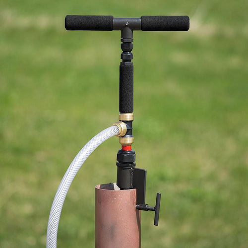 Handcrafted deep well hand pump with black foam handles and attached white hose, designed for easy installation in emergency water supply, made in USA, featured in Farm, Garden & Tool and Emergency Supplies collections.