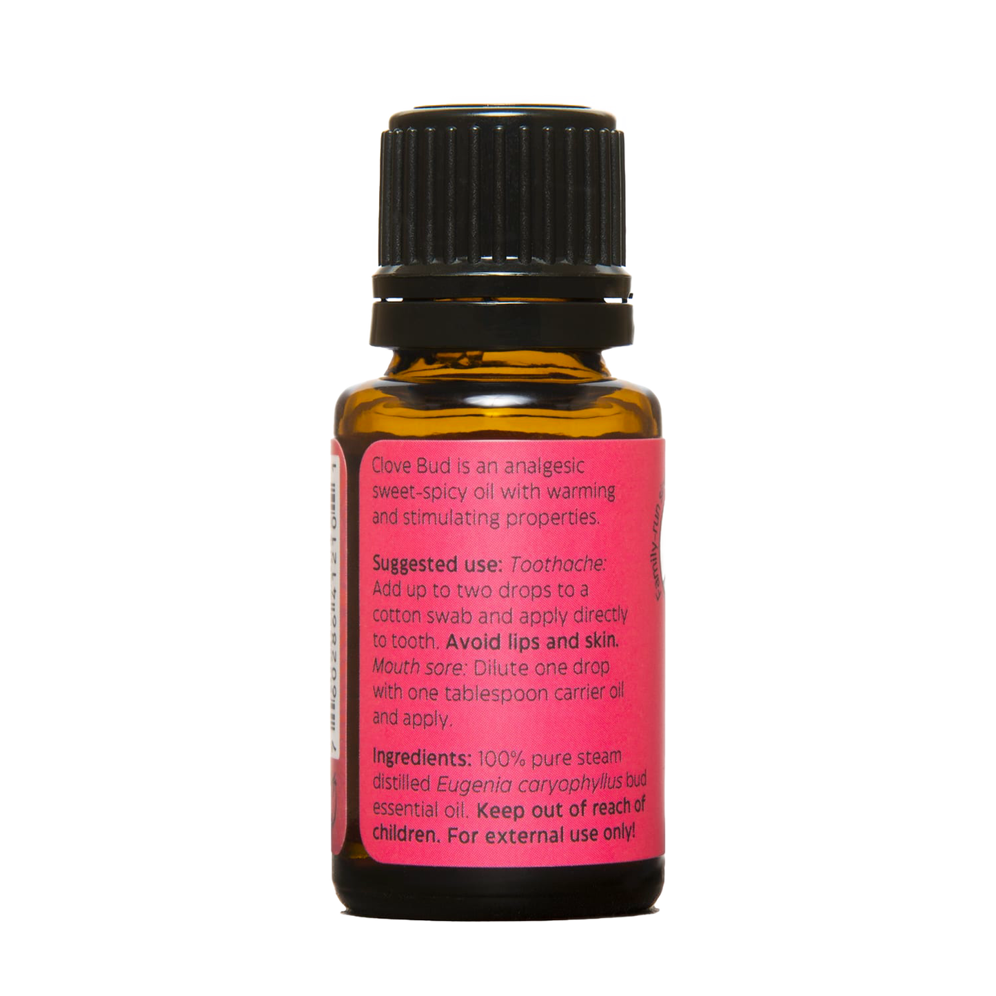 Amber glass bottle containing 100% pure steam distilled clove bud essential oil with black cap and dropper, handcrafted in USA, suitable for health remedies, aromatherapy, soapmaking, and candlemaking.