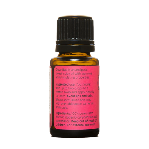 Amber glass bottle containing 100% pure steam distilled clove bud essential oil with black cap and dropper, handcrafted in USA, suitable for health remedies, aromatherapy, soapmaking, and candlemaking.