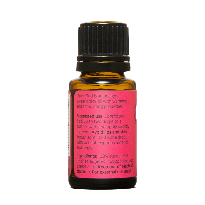 Amber glass bottle containing 100% pure steam distilled clove bud essential oil with black cap and dropper, handcrafted in USA, suitable for health remedies, aromatherapy, soapmaking, and candlemaking.