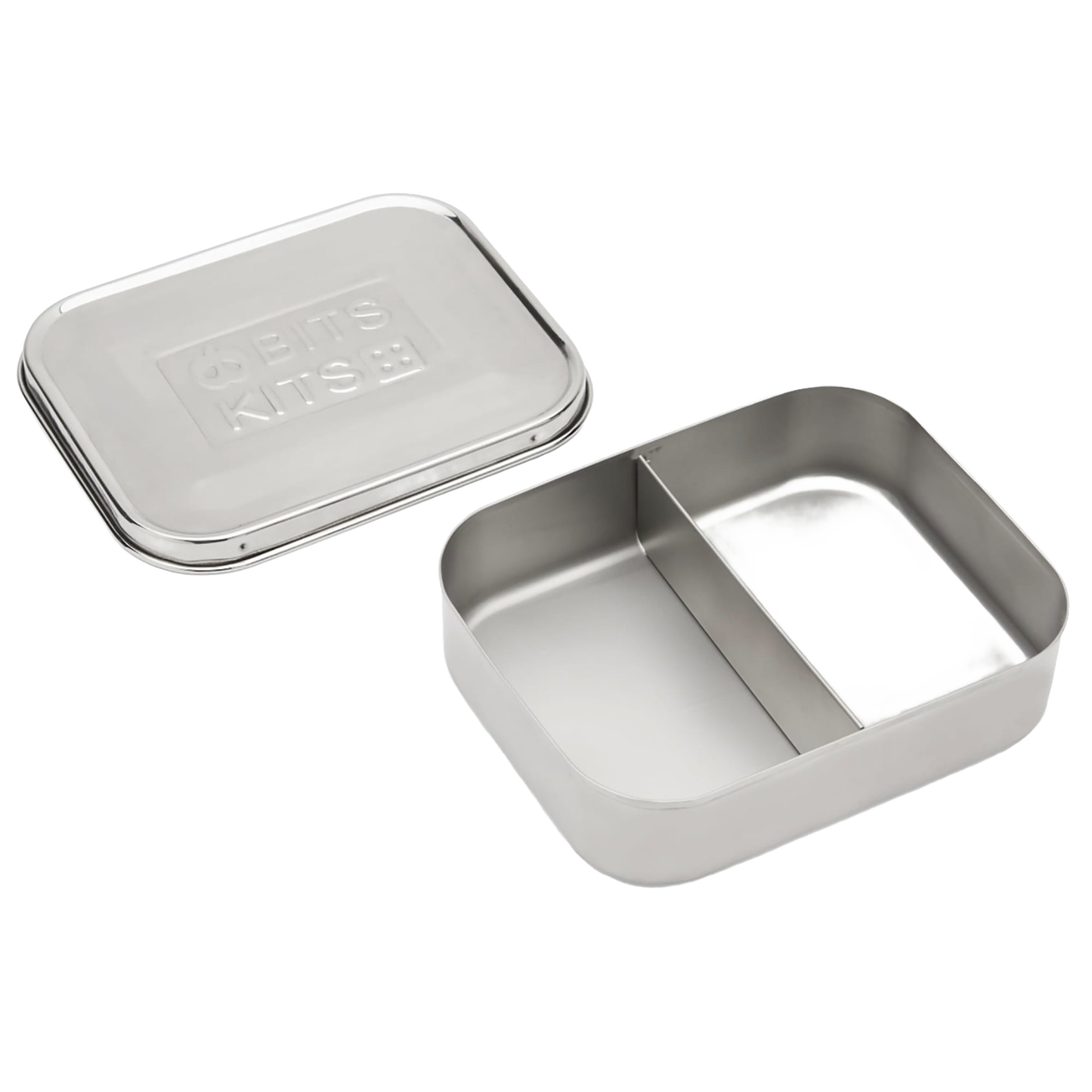 Open stainless steel snack container with two compartments for separating food, featuring a simple design suitable for Kitchen & Food, Storage and Serving, Best Sellers, and Promo Eligible collections.