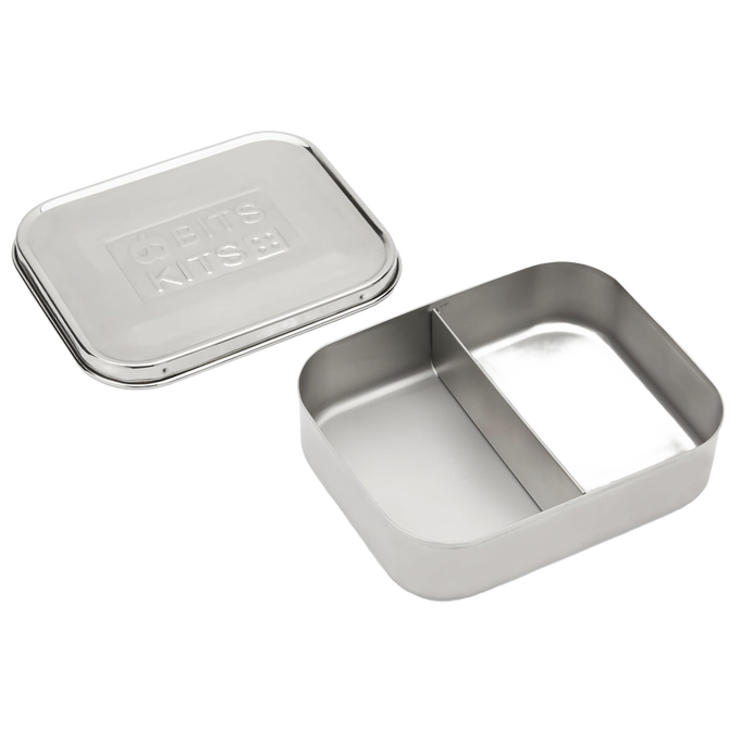 Open stainless steel snack container with two compartments for separating food, featuring a simple design suitable for Kitchen & Food, Storage and Serving, Best Sellers, and Promo Eligible collections.