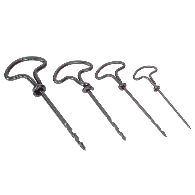 Set of four handcrafted gimlets made from specially annealed steel with T-shaped handles, designed for efficient wood drilling, featured in Farm, Garden & Tool and Hand Tools and Hardware collections.