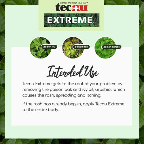 Informational graphic highlighting Tecnu Extreme scrub’s effectiveness against poison ivy, oak, and sumac rashes by removing urushiol oil, featured in Health & Wellness and USA Made collections.