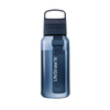 Transparent blue water bottle with built-in filtration system visible inside, designed for camping, emergency supplies, and outdoor water treatment use.