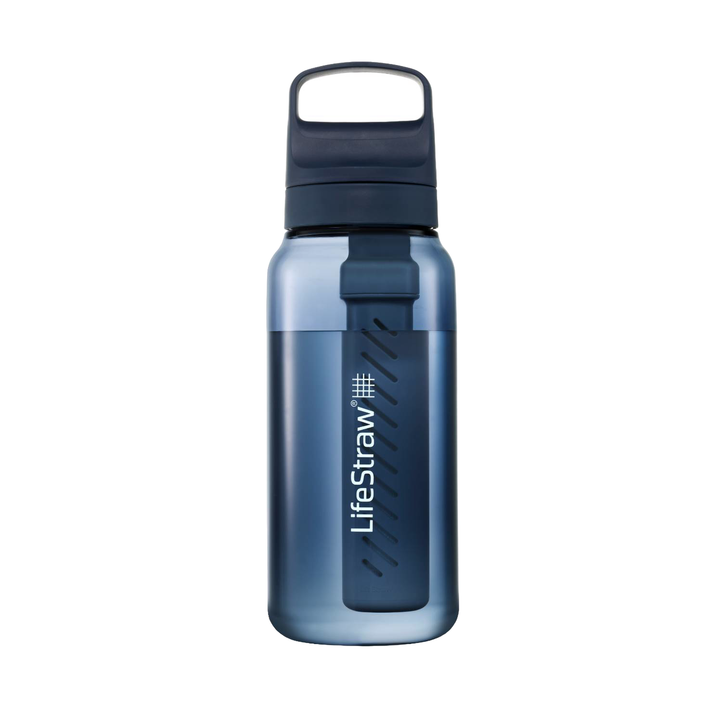 Transparent blue water bottle with built-in filtration system visible inside, designed for camping, emergency supplies, and outdoor water treatment use.