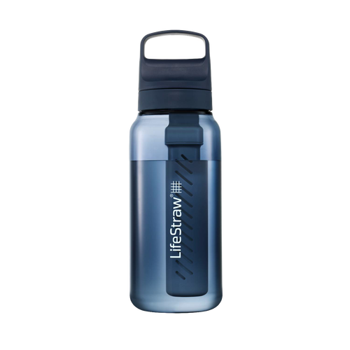 Transparent blue water bottle with built-in filtration system visible inside, designed for camping, emergency supplies, and outdoor water treatment use.