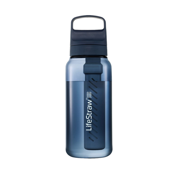 Transparent blue water bottle with built-in filtration system visible inside, designed for camping, emergency supplies, and outdoor water treatment use.