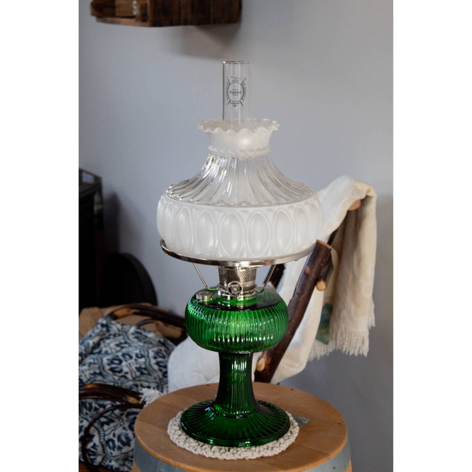 Classic oil lamp featuring a green glass base with ribbed texture and a handcrafted frosted glass shade with decorative patterns, part of Lamps & Lighting and Parts and Accessories collections.