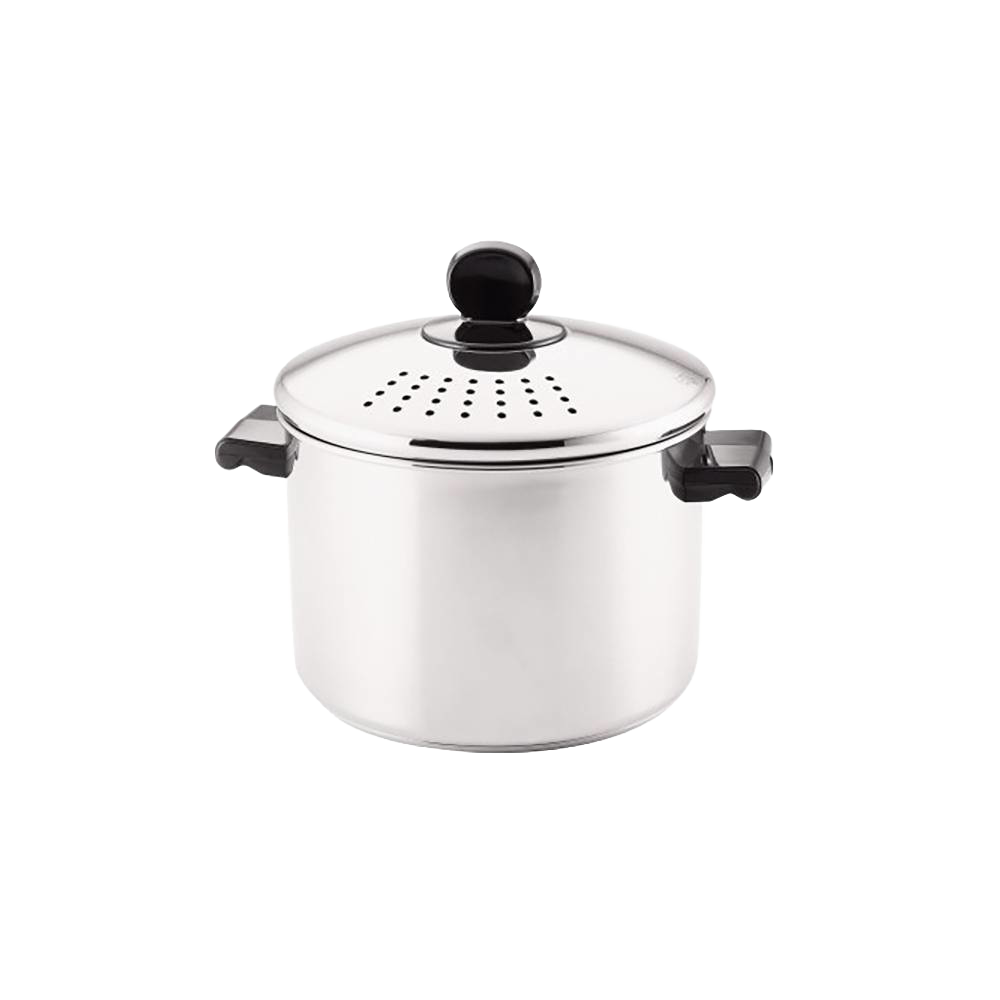 Classic stainless steel 8-quart stockpot with built-in straining lid featuring vent holes and black handles, ideal for Kitchen & Food, Cookware, Pots and Pans, and Best Sellers collections.