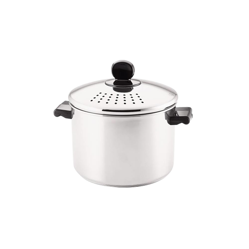 Classic stainless steel 8-quart stockpot with built-in straining lid featuring vent holes and black handles, ideal for Kitchen & Food, Cookware, Pots and Pans, and Best Sellers collections.