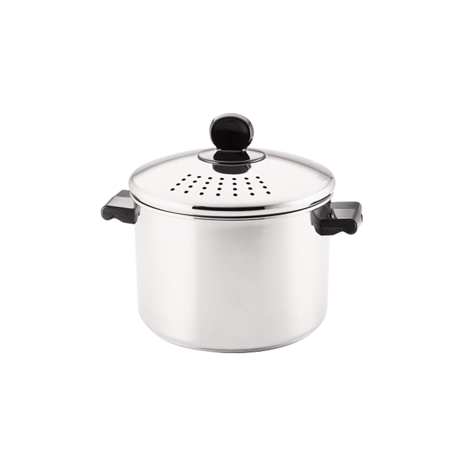 Classic stainless steel 8-quart stockpot with built-in straining lid featuring vent holes and black handles, ideal for Kitchen & Food, Cookware, Pots and Pans, and Best Sellers collections.