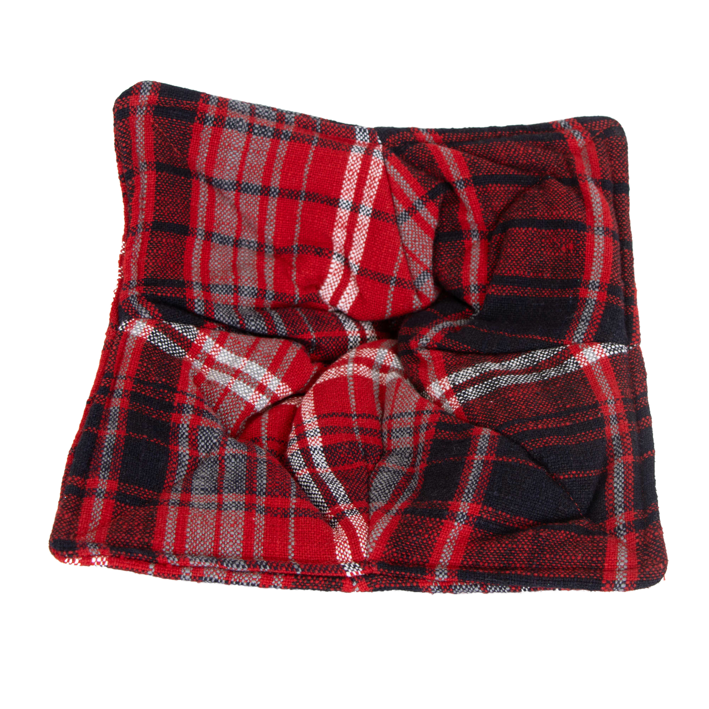 Handcrafted plaid cotton cozy in red, black, and gray tones, designed to safely hold hot bowls or mugs, featured in Kitchen & Food, Kitchen Textiles, Storage and Serving, Best Sellers, and Promo Eligible collections.