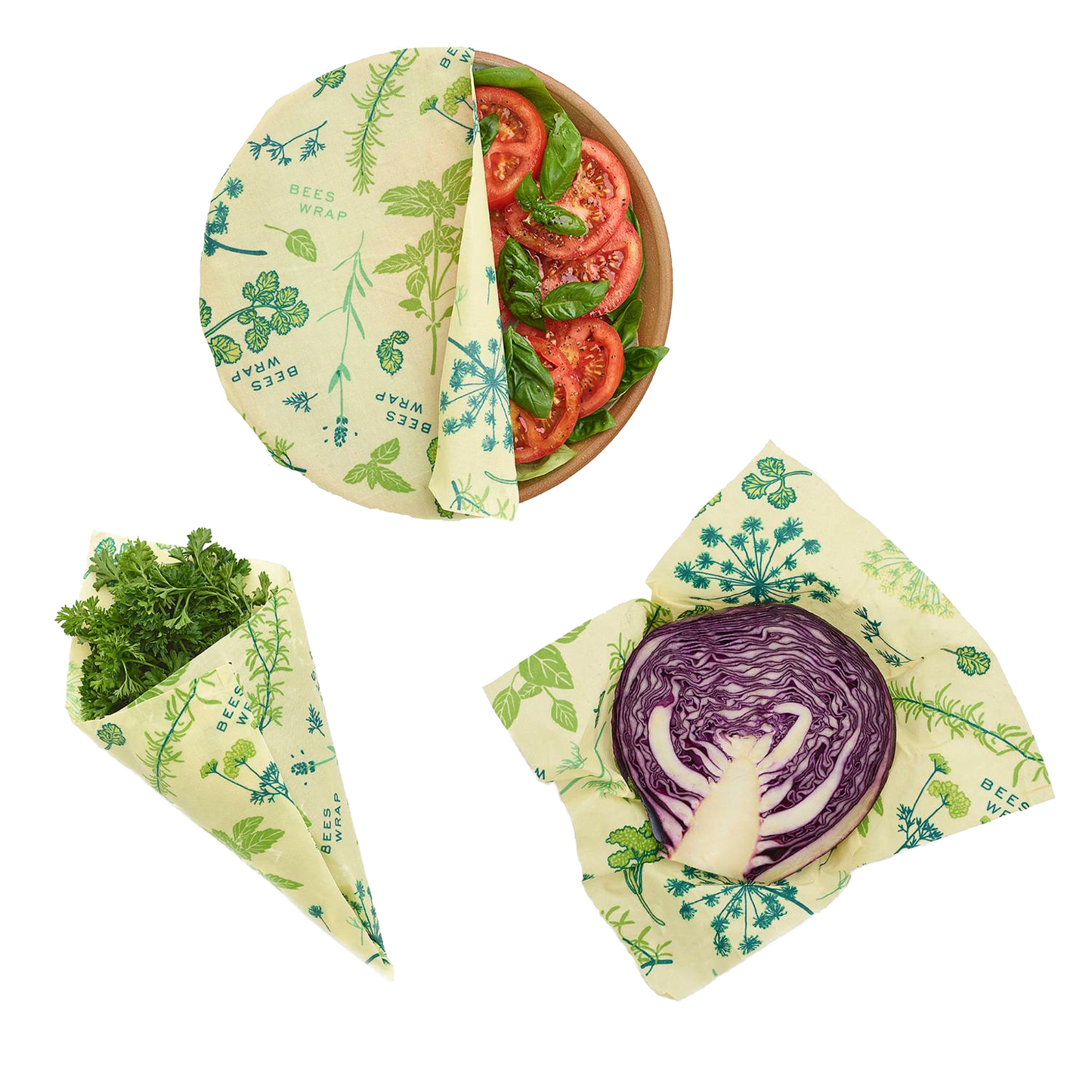 Set of three reusable beeswax food wraps in light yellow with green botanical prints, handcrafted in USA, ideal for eco-friendly kitchen storage and food preservation.