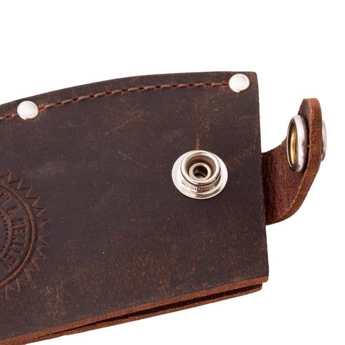 Handmade full-grain leather axe blade guard with metal snap closure, designed for durability and protection, part of Farm, Garden & Tool, Knives & Axes, USA Made, and Amish Made collections.